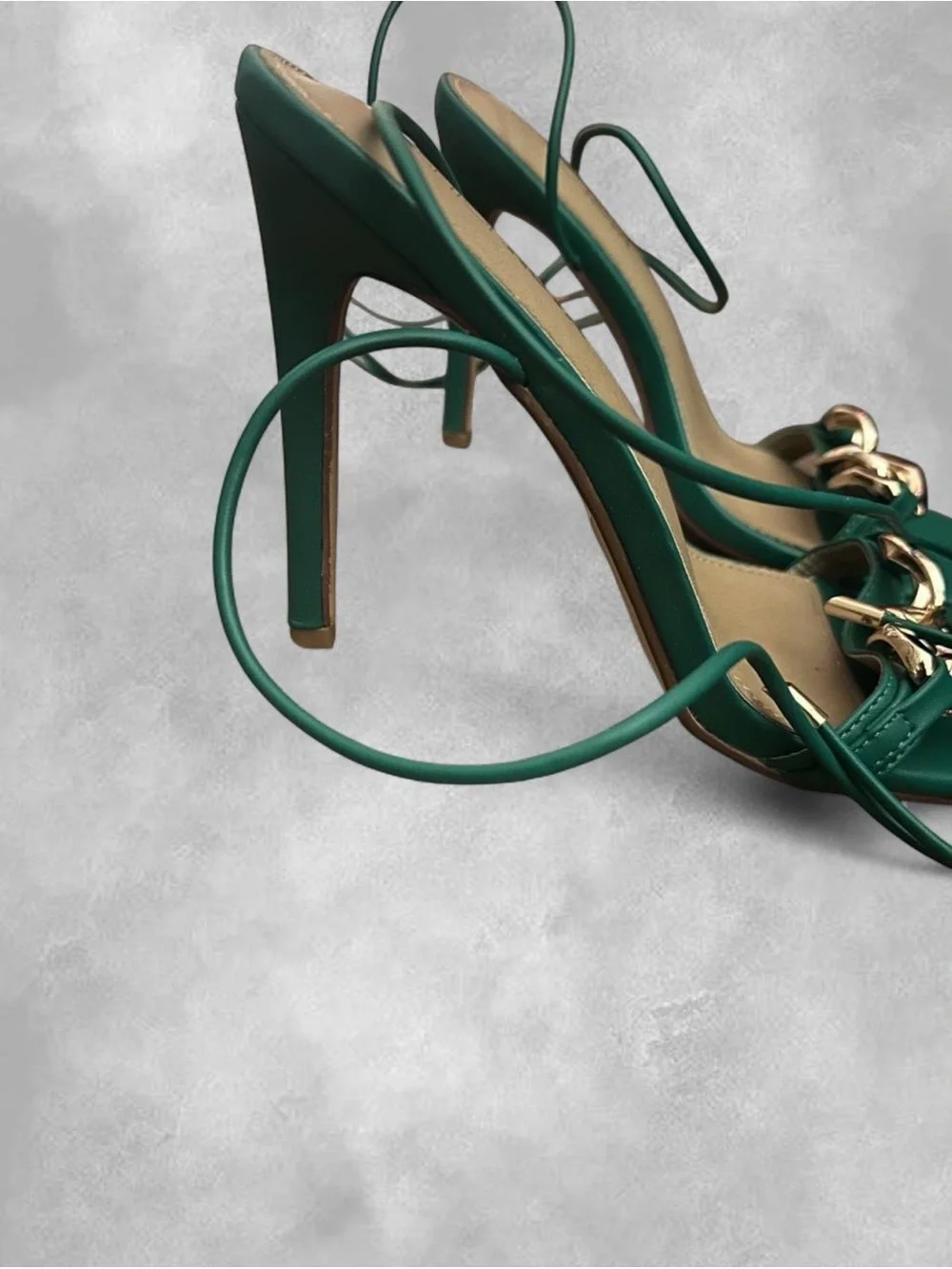 Fashion Nova Popstar Chain Heels –Green & Gold Lace-Up Stiletto Sandals Size 8.5